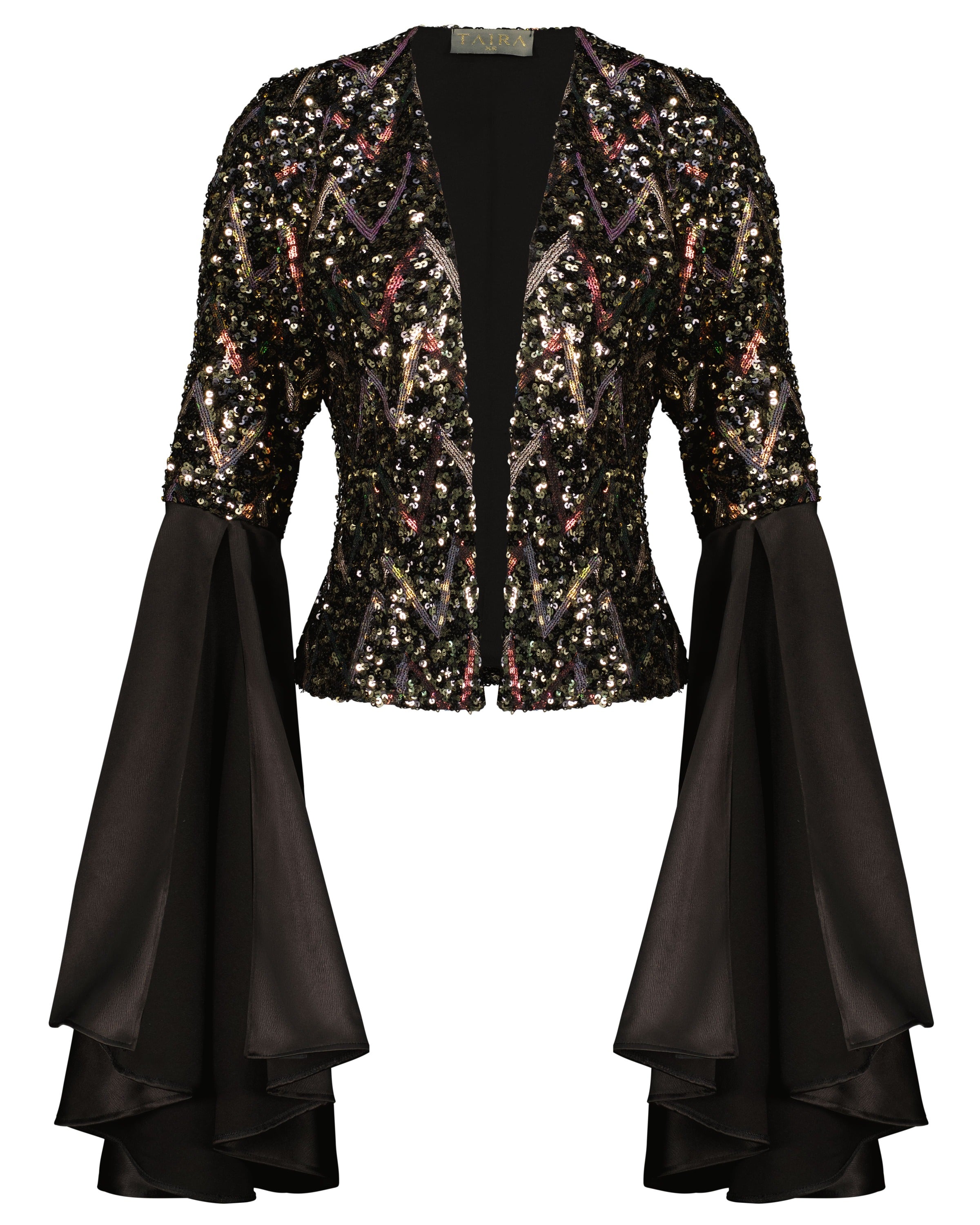 Belle Black  Sequin Jacket with Flared Ivory Sleeves