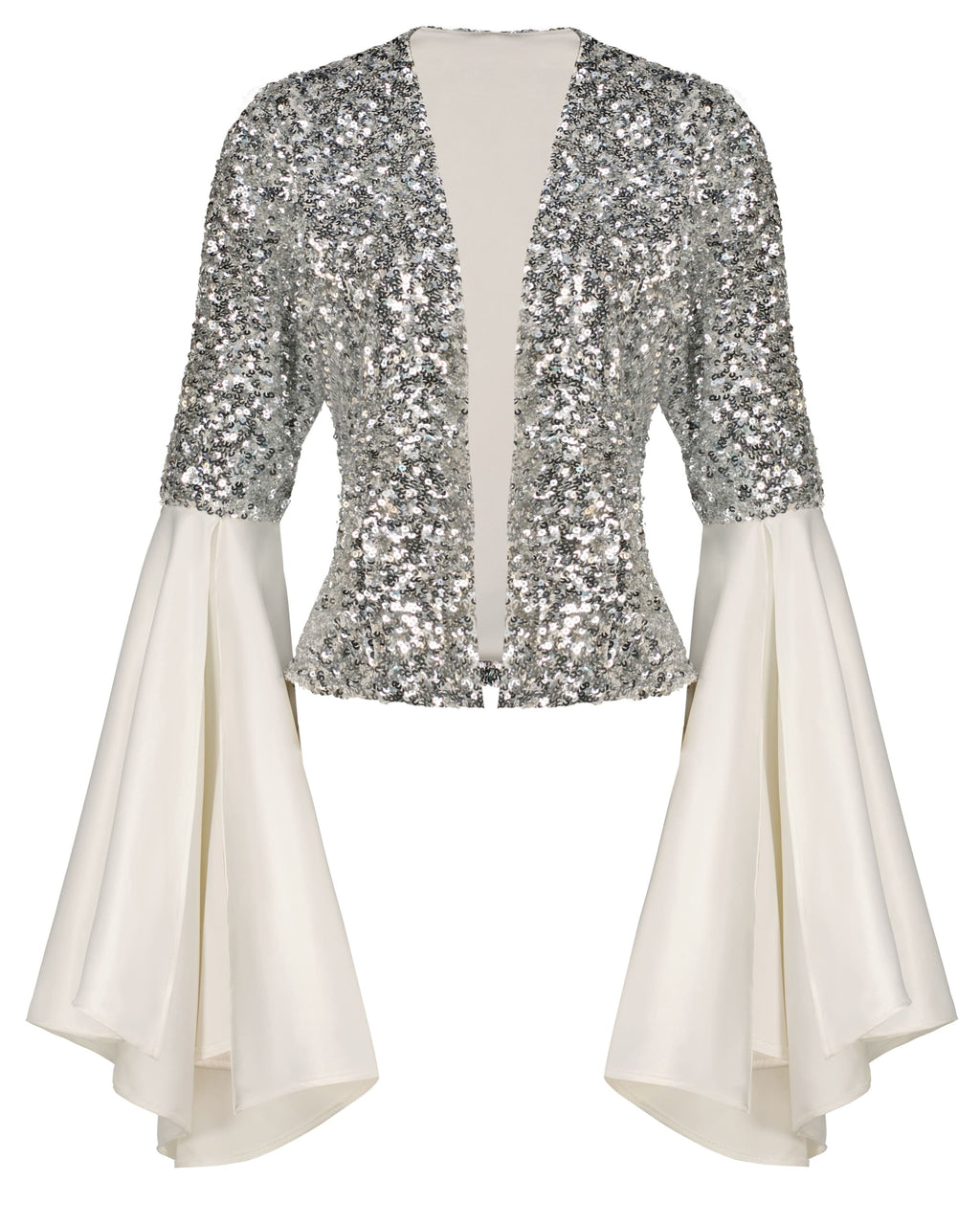 Bella Silver Sequin Jacket with Flared Ivory Sleeves