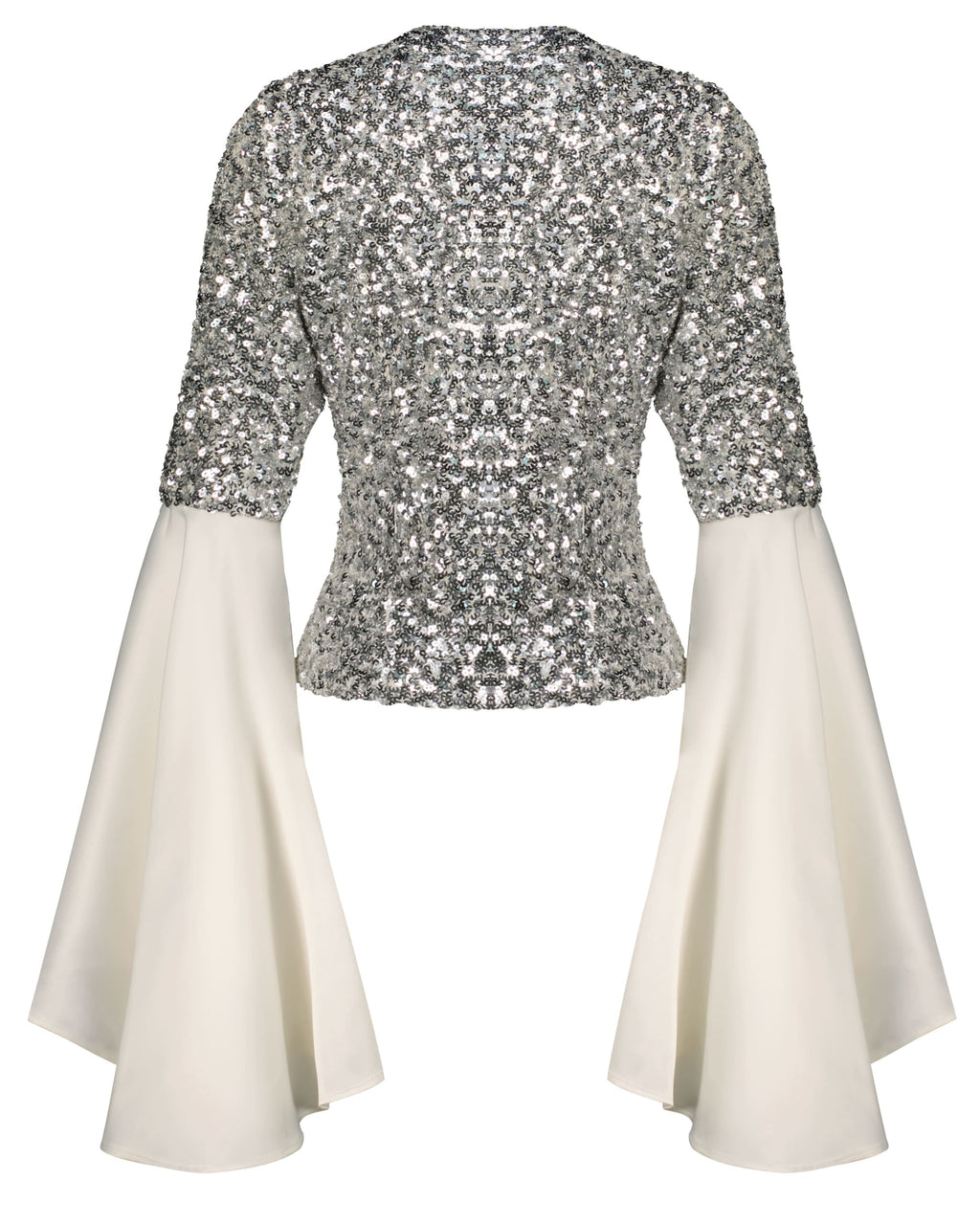 Bella Silver Sequin Jacket with Flared Ivory Sleeves