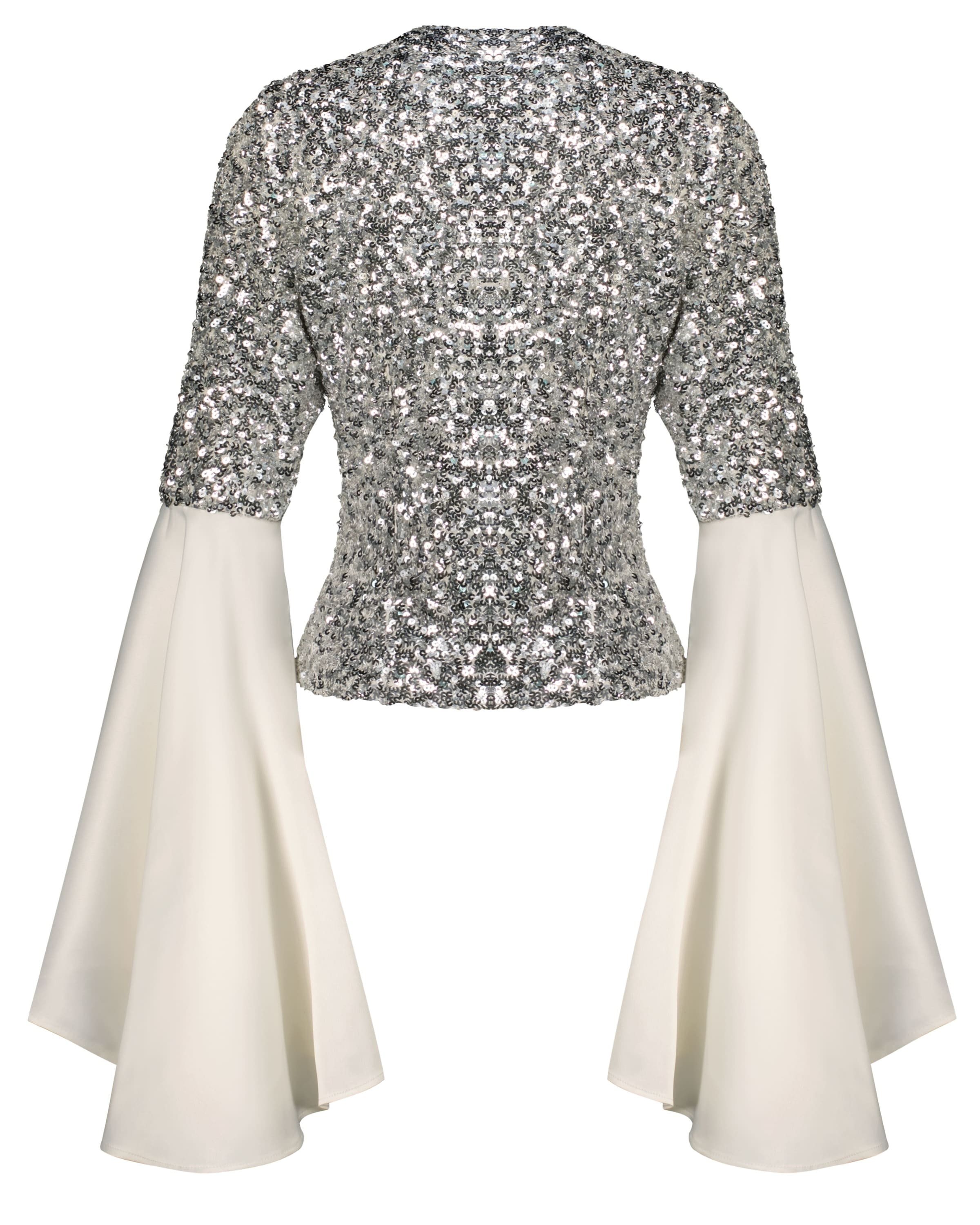 Bella Silver Sequin Jacket with Flared Ivory Sleeves