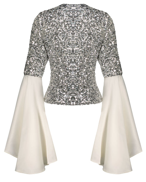 Bella Silver Sequin Jacket with Flared Ivory Sleeves