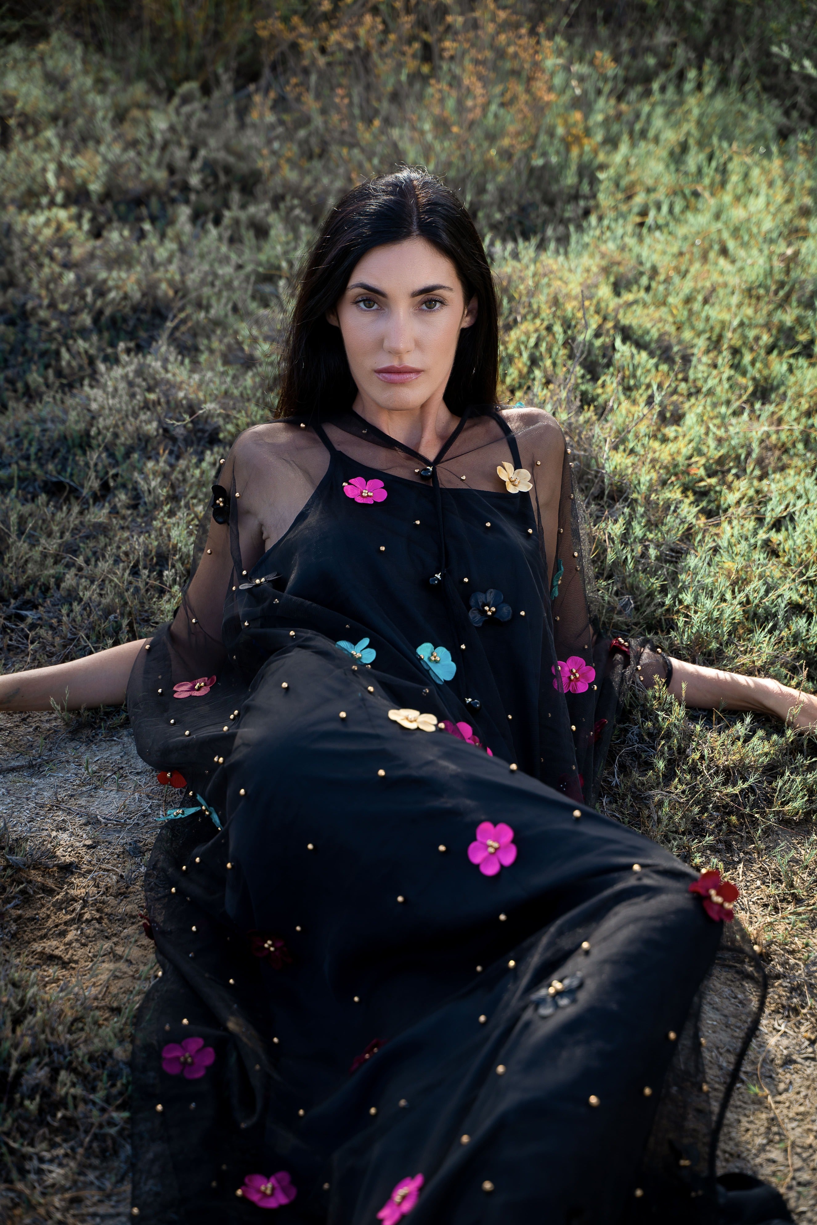 My Daisy Kaftan - Black and Multi Colour Flowers