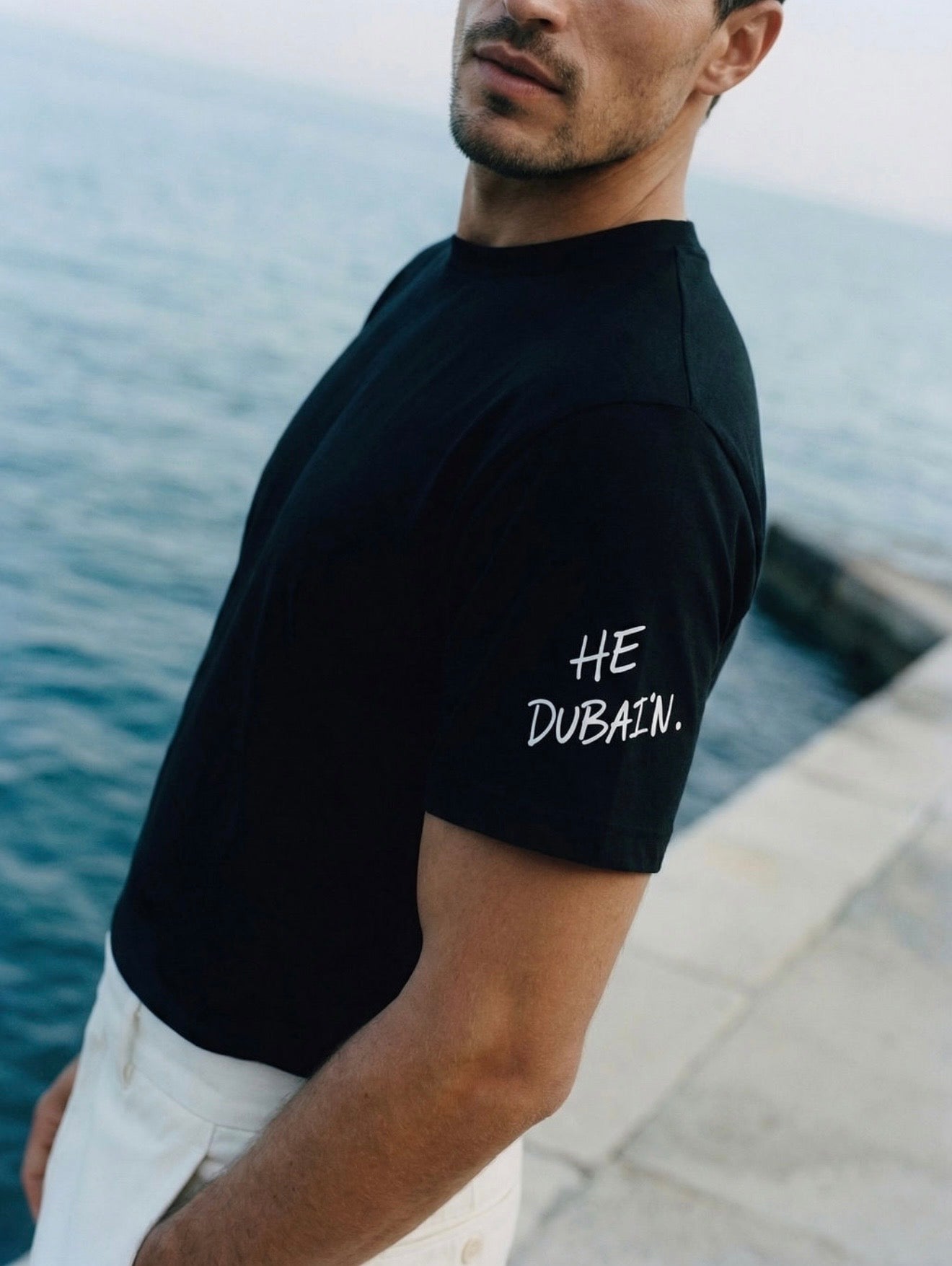 HE DUBAI’N T-Shirt - Sleeve - White on Black