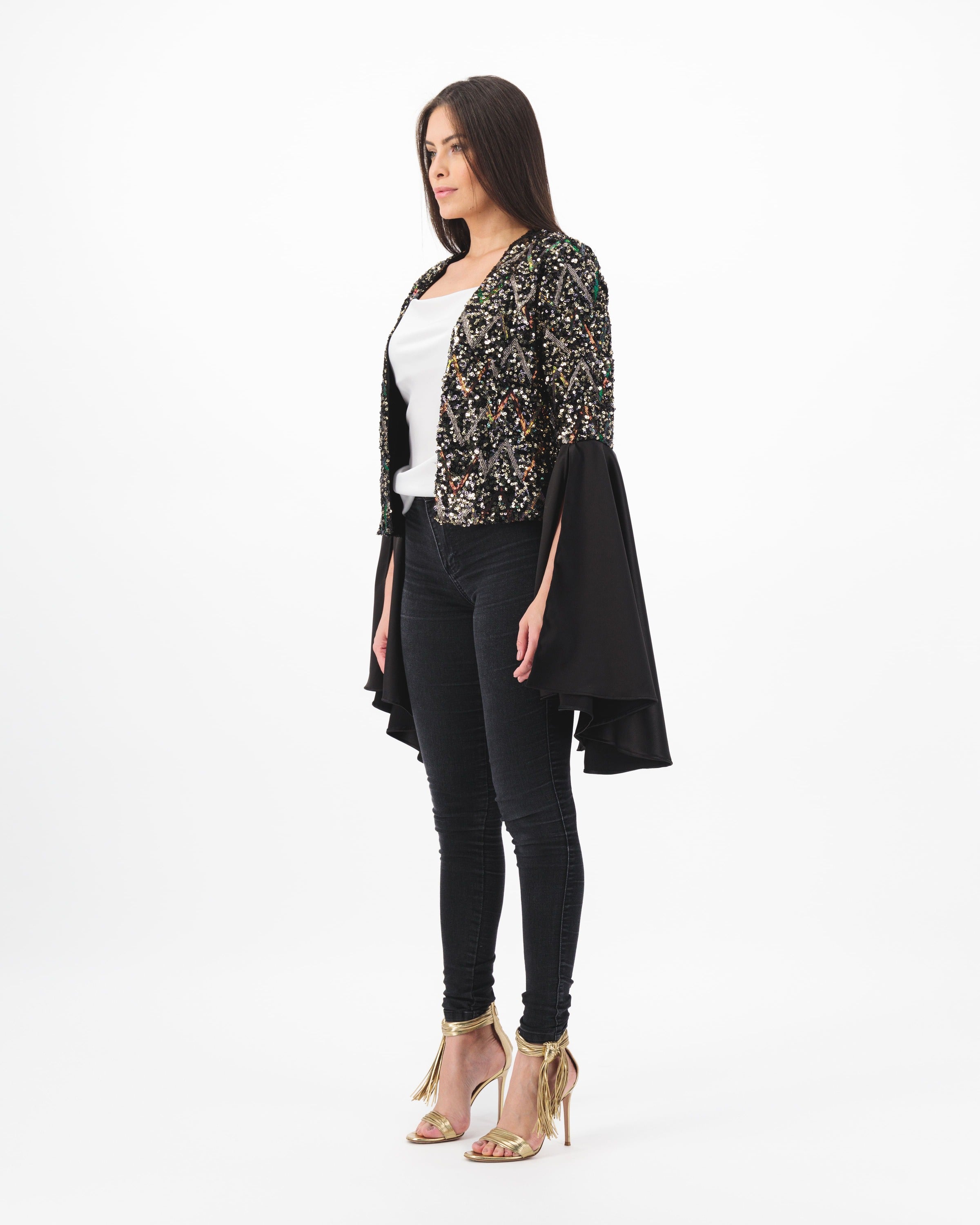 Belle Black  Sequin Jacket with Flared Ivory Sleeves