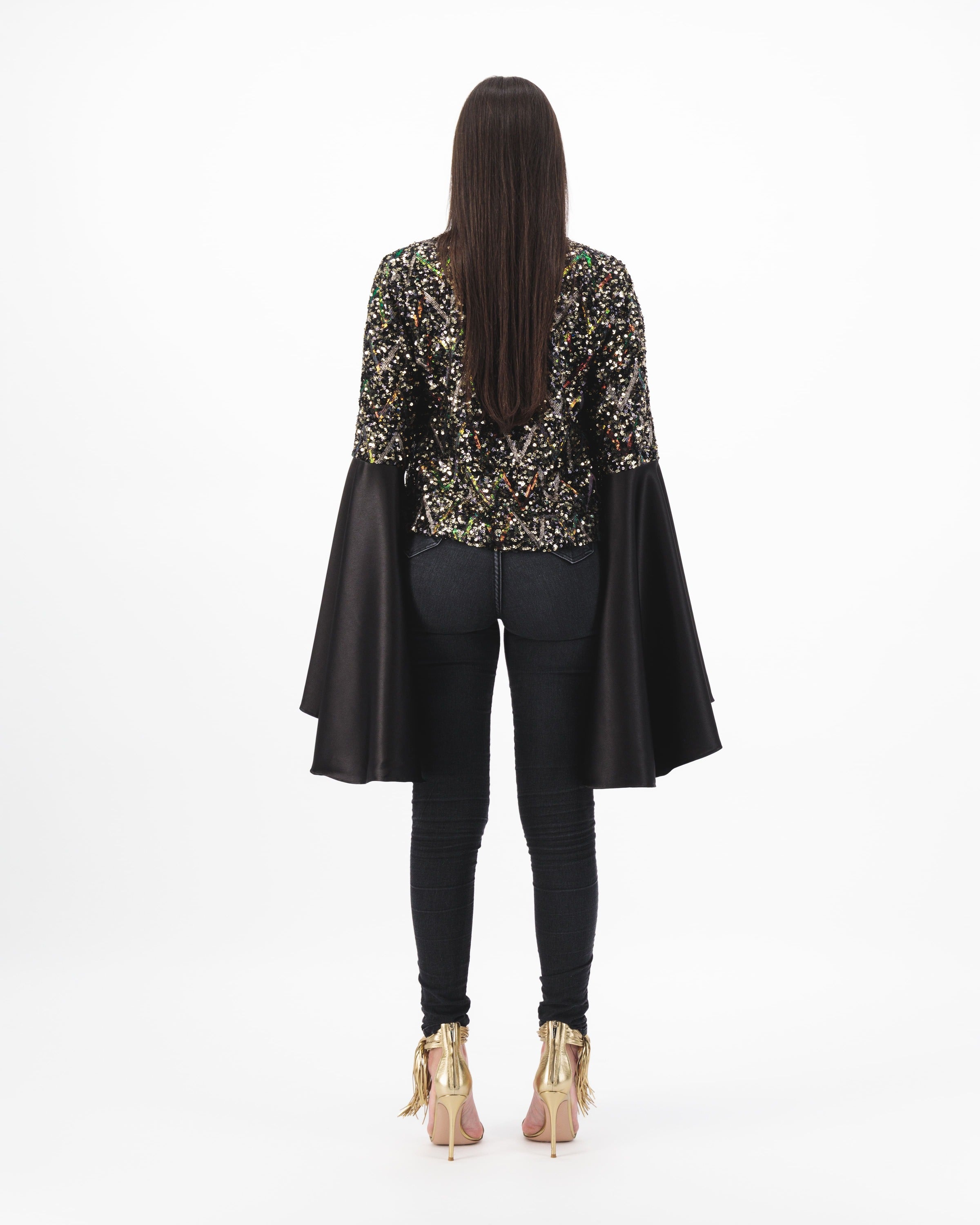 Belle Black  Sequin Jacket with Flared Ivory Sleeves