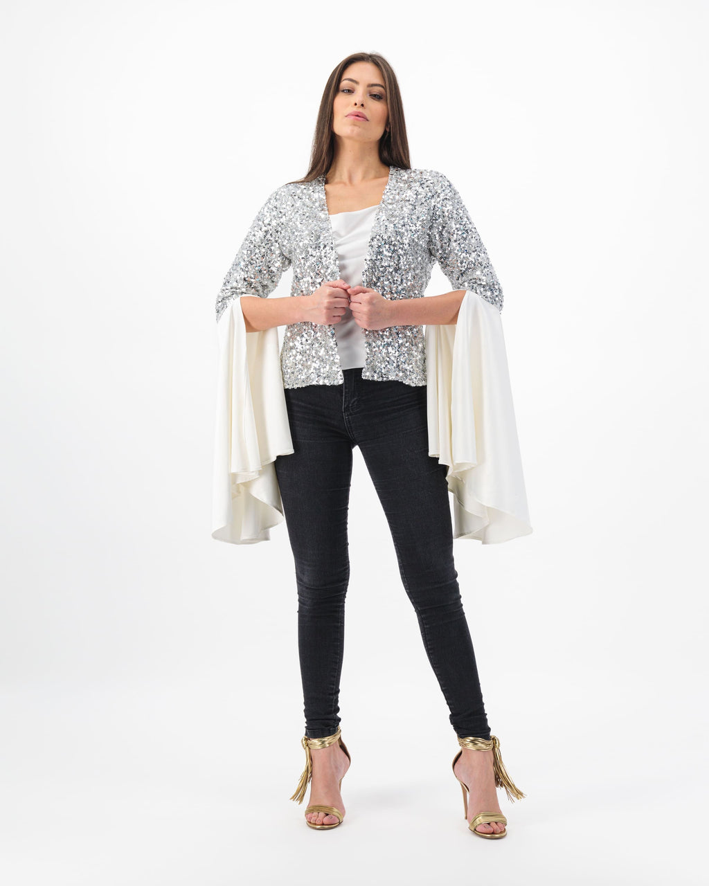 Bella Silver Sequin Jacket with Flared Ivory Sleeves