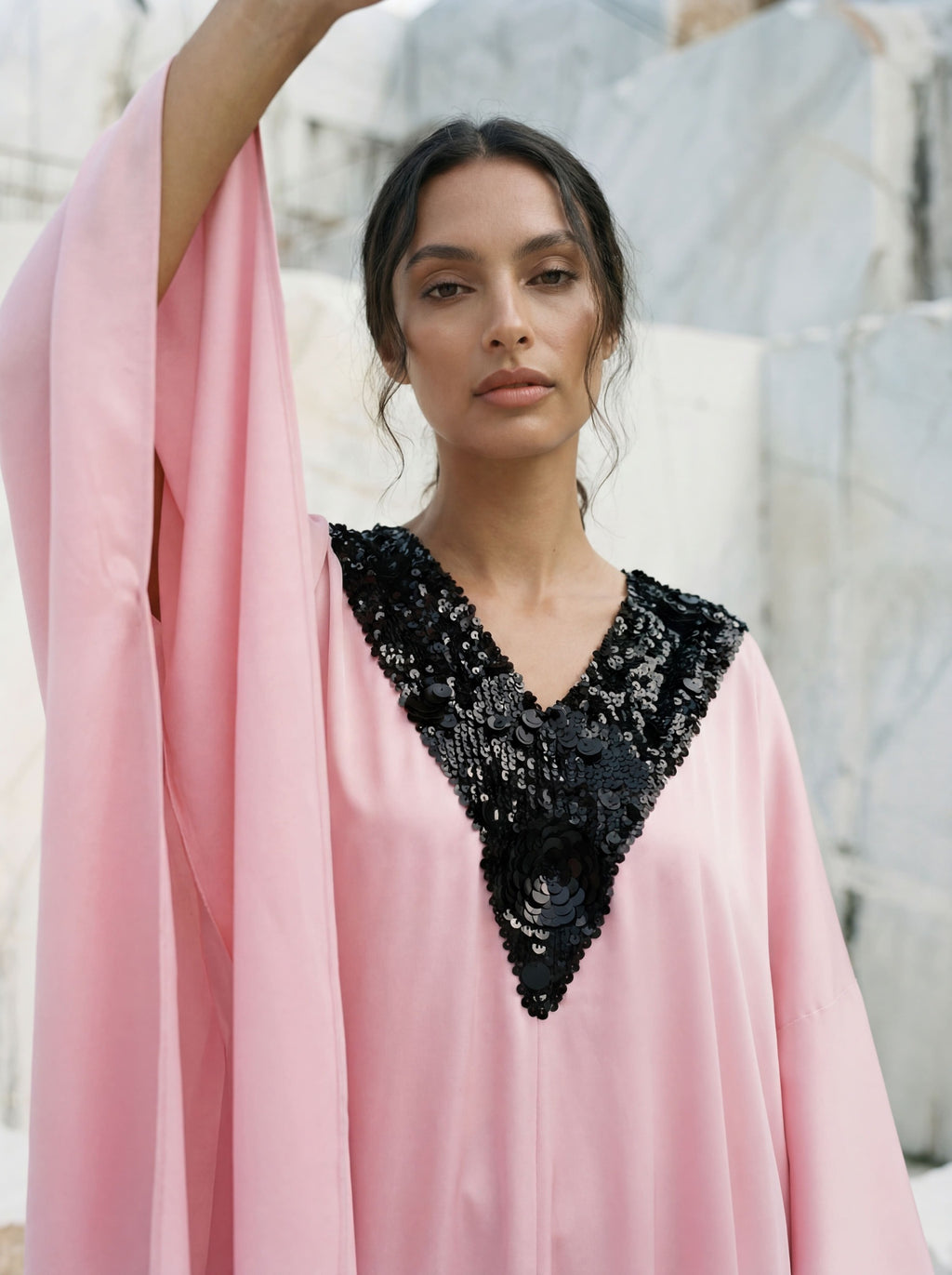Her Kaftan - Baby Pink and Black Sequin