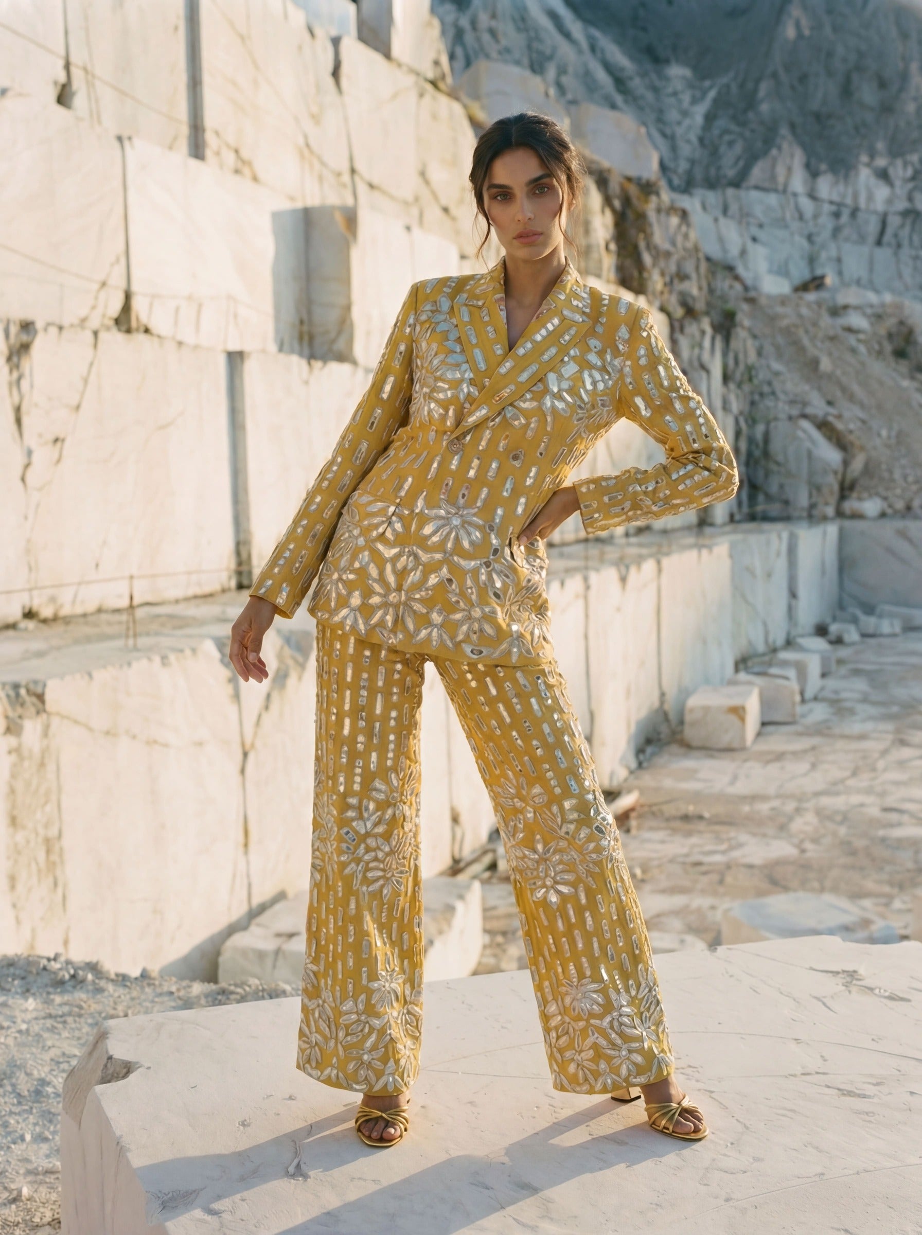 Golden Blazer and Pant Set - Yellow and Silver